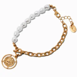 Antiqued Coin Mixed Pearl Chain Bracelet