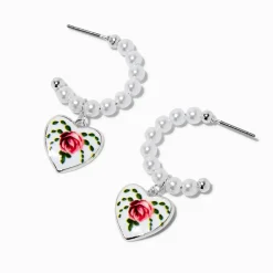 Antiqued Rose Heart Pearl Hoop Earrings