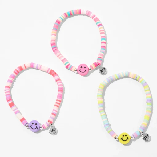 Best Friends Beaded Happy Face Charm Stretch Bracelets - 3 Pack
