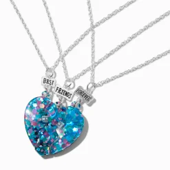 Best Friends Blue & Purple Glitter Heart Pendant Necklaces - 3 Pack