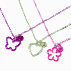 Best Friends Flower, Heart & Butterfly Cut-Out Pendant Necklaces - 3 Pack