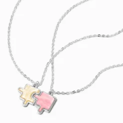 Best Friends Pink & White Puzzle Piece Pendant Necklaces - 2 Pack