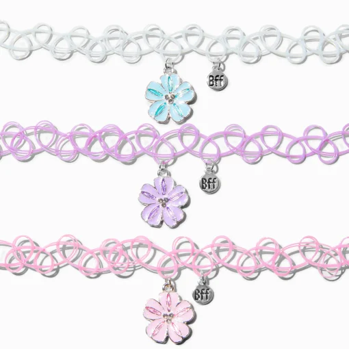 Best Friends Tropical Flowers Tattoo Choker Necklaces - 3 Pack