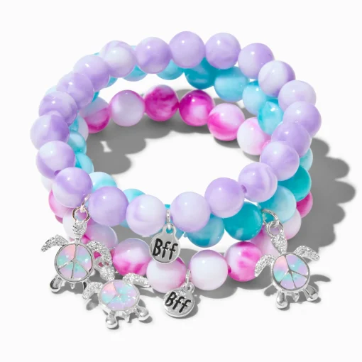 Best Friends Turtle Peace Sign Marble Beaded Stretch Bracelets - 3 Pack