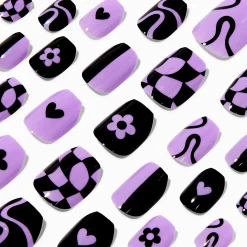 Black & Purple Checkered Coffin Press On Vegan Faux Nail Set - 24 Pack