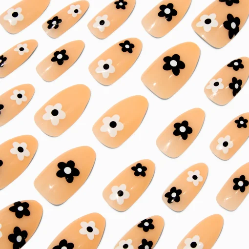 Black & White Daisy Stiletto Vegan Faux Nail Set - 24 Pack