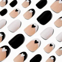 Black & White Hearts Round Vegan Press On Faux Nail Set - 24 Pack