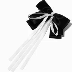 Black & White Long Ribbon Hair Bow Clip
