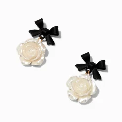 Black Bow Ivory Carved Rose Stud Earrings