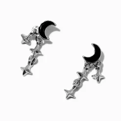 Black Crescent Moon & Stars Silver-tone Drop Earrings