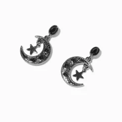 Black Crescent Moon Star 1" Drop Earrings