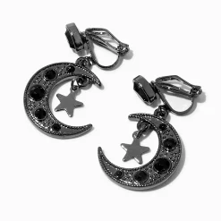 Black Crescent Moon Star 1" Clip-On Drop Earrings