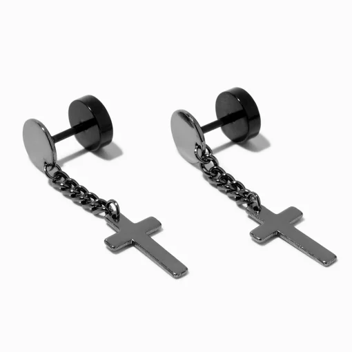 Black Cross Drop Faux Ear Plug Earrings