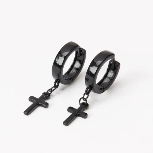 Black Cross 15mm Huggie Hoop Earrings