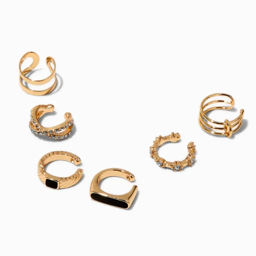 Black Crystal Gold-tone Ear Cuffs - 6 Pack