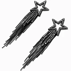Black Crystal Star Fringe 4" Drop Earrings