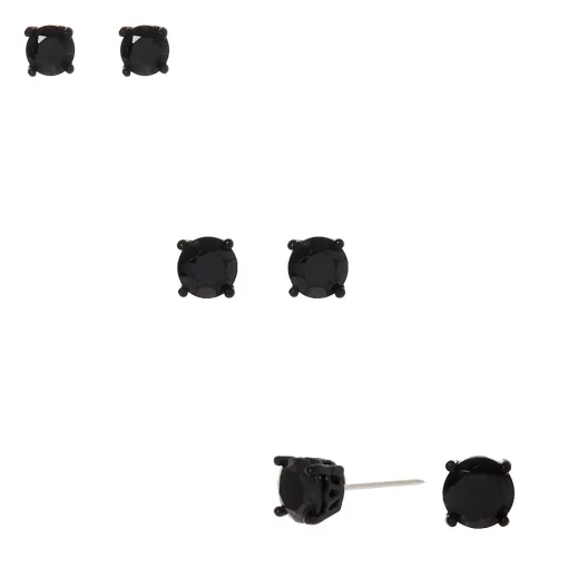 Black Cubic Zirconia 4mm, 5mm, & 6mm Round Stud Earrings - 3 Pack
