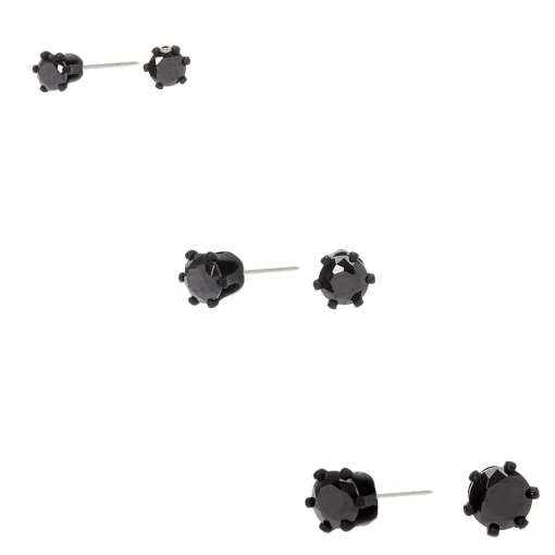 Black Cubic Zirconia 3mm, 4mm, & 5mm Round Stud Earrings - 3 Pack