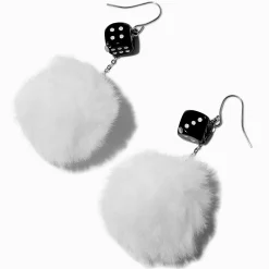 Black Dice White Pom Pom 3'' Drop Earrings