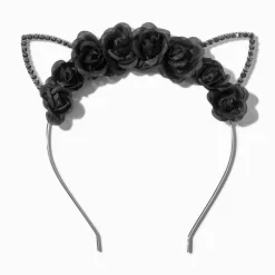 Black Flower Crystal Cat Ears Headband