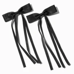 Black Grosgrain Ribbon Long Tail Hair Bow Clips - 2 Pack
