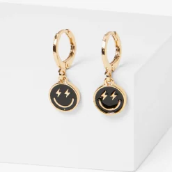 Black Happy Face 20mm Huggie Hoop Earrings