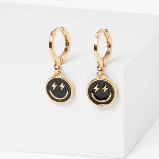 Black Happy Face 20mm Huggie Hoop Earrings