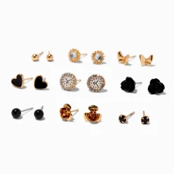 Black Heart & Clock Mixed Stud Earrings - 9 Pack