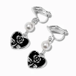 Black Heart & Pearl 1'' Clip-On Drop Earrings