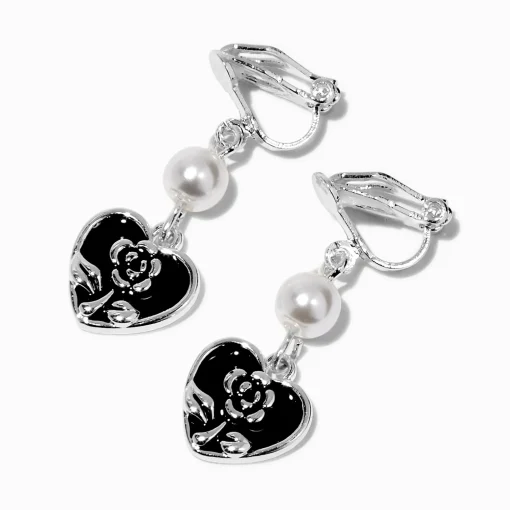Black Heart & Pearl 1'' Clip-On Drop Earrings