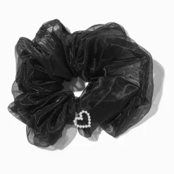 Black Organza Heart Charm Hair Scrunchie