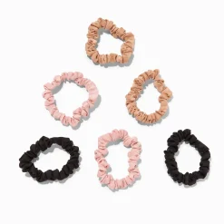 Black, Pink, & Tan Skinny Silky Hair Scrunchies - 6 Pack