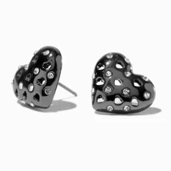 Black Puffy Rhinestone Heart Stud Earrings