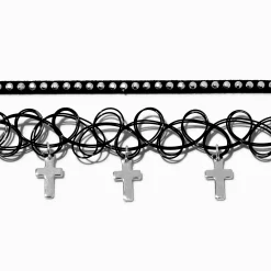 Black Ribbon & Tattoo Cross Dangle Choker Necklaces - 2 Pack