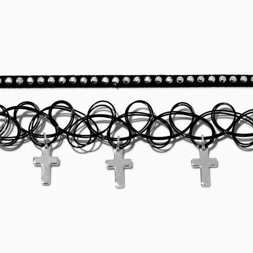 Black Ribbon & Tattoo Cross Dangle Choker Necklaces - 2 Pack