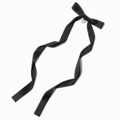 Black Satin Heart Charm Long Tail Hair Bow Clip