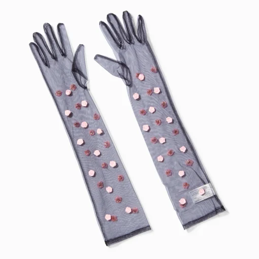 Black Sheer Rosette Long Gloves