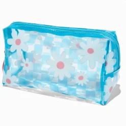 Blue Checkered White Daisy Makeup Bag