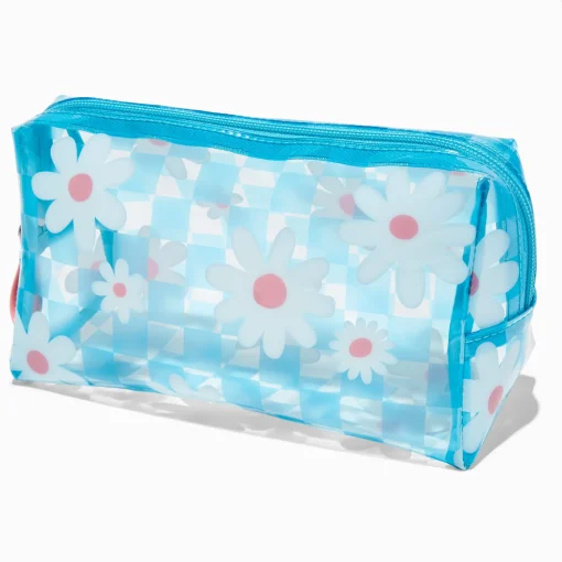 Blue Checkered White Daisy Makeup Bag