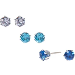 Blue Cubic Zirconia 5mm Round Stud Earrings - 3 Pack