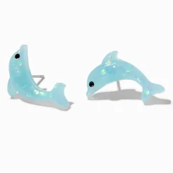 Blue Glitter Dolphin Stud Earrings