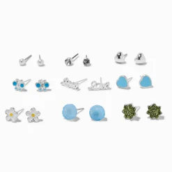 Blue Love Silver-tone Stud Earrings - 9 Pack