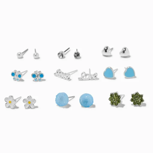 Blue Love Silver-tone Stud Earrings - 9 Pack