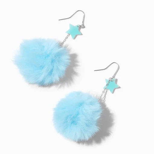 Blue Star Glow in the Dark Pom Pom 3'' Drop Earrings