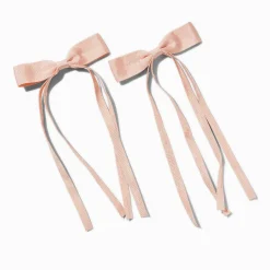 Blush Pink Grosgrain Ribbon Long Tail Hair Bow Clips - 2 Pack