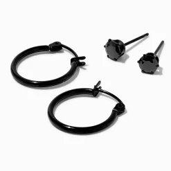 C LUXE by Claire's Black Titanium Cubic Zirconia 5MM Round Stud & 14MM Hoop Earrings