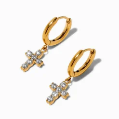 C LUXE by Claire's Gold-tone Titanium 8mm Cubic Zirconia Cross Hoop Earrings