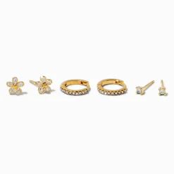 C LUXE by Claire's 18k Yellow Gold Plated Cubic Zirconia Flower Studs & Hoop Earrings - 3 Pack