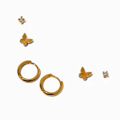 C LUXE by Claire's 18k Yellow Gold Plated Cubic Zirconia Studs, Butterflies, & Hoop Earrings - 3 Pack