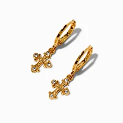 C LUXE by Claire's 18k Yellow Gold Plated Cubic Zirconia Ornate Cross Hoop Earrings